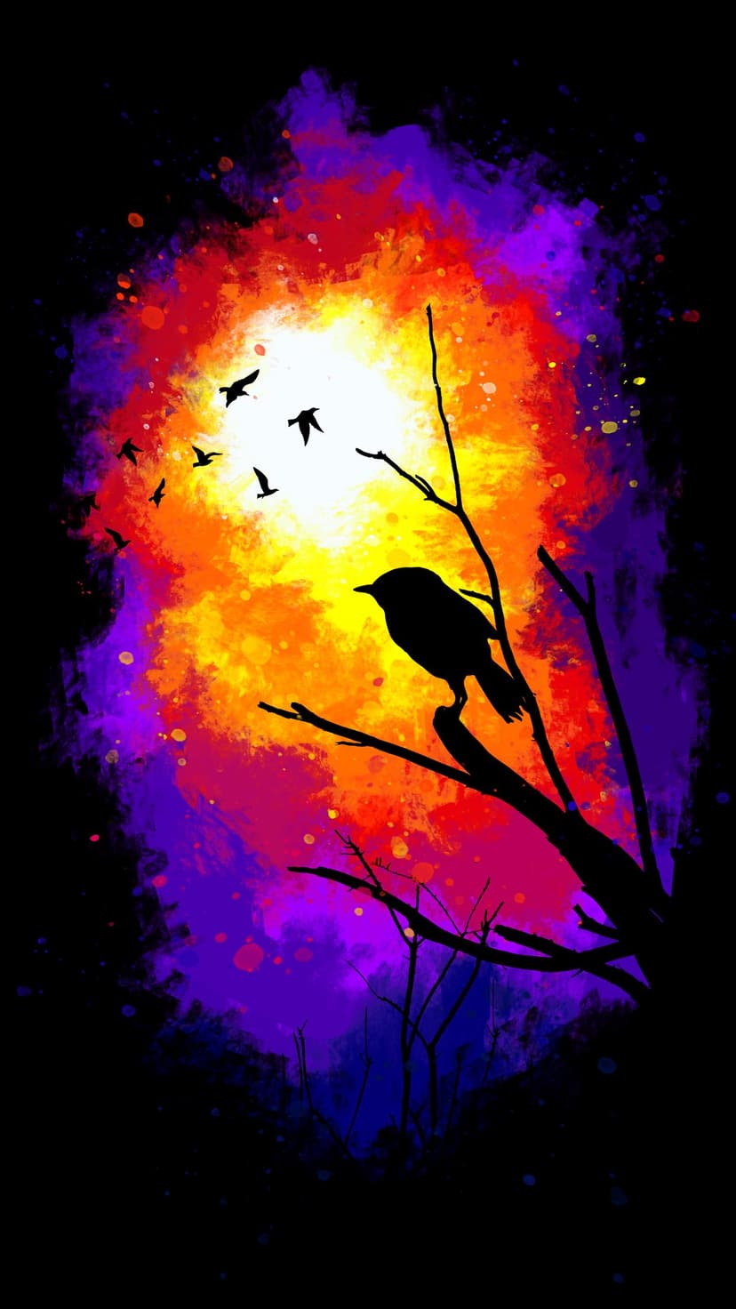 Solitary bird silhouette on a tree branch against a vivid red, orange, and purple sunset sky with distant birds.