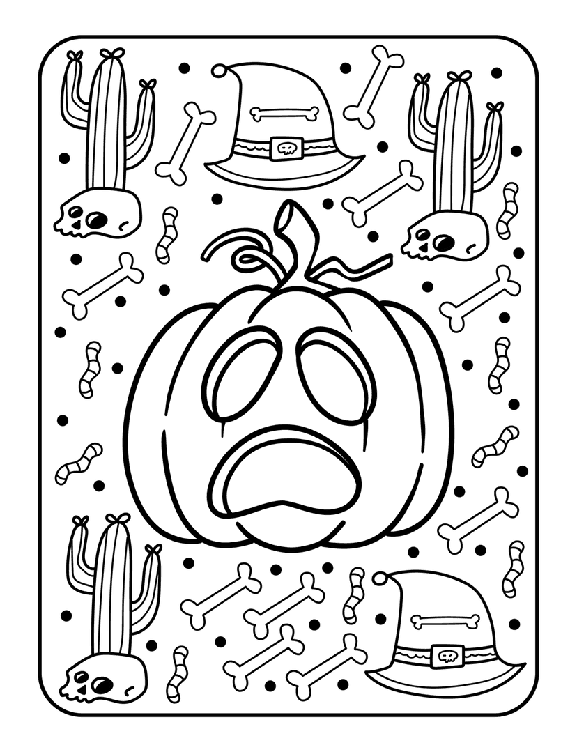 Halloween coloring page line art showing pumpkin, cacti, skulls, bones, and worms in high contrast black and white.