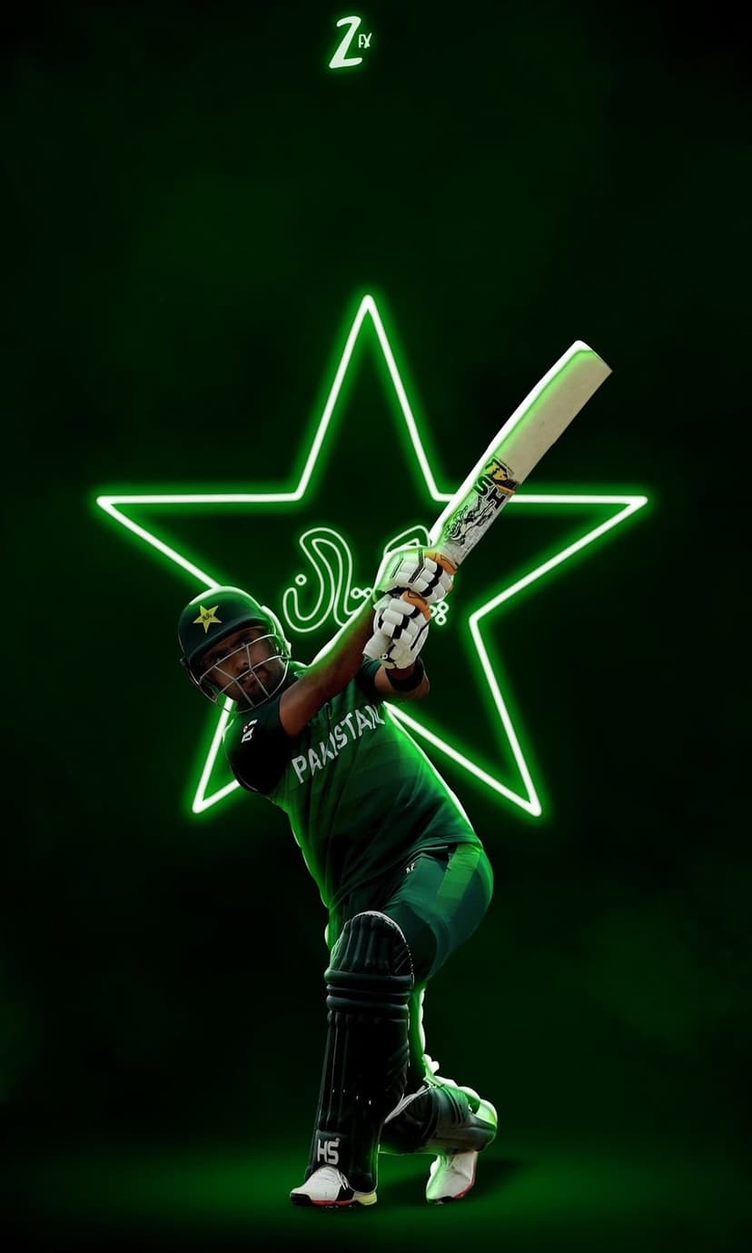 Cricketer in green Pakistan kit batting in front of a glowing neon green star and crescent moon on black.