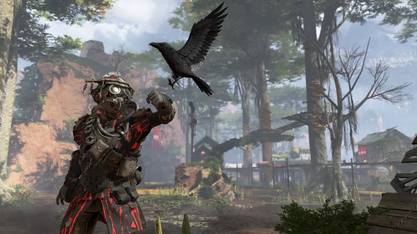 Bloodhound in black and red armor reaches for a black raven in a misty forest with tall trees and structures.
