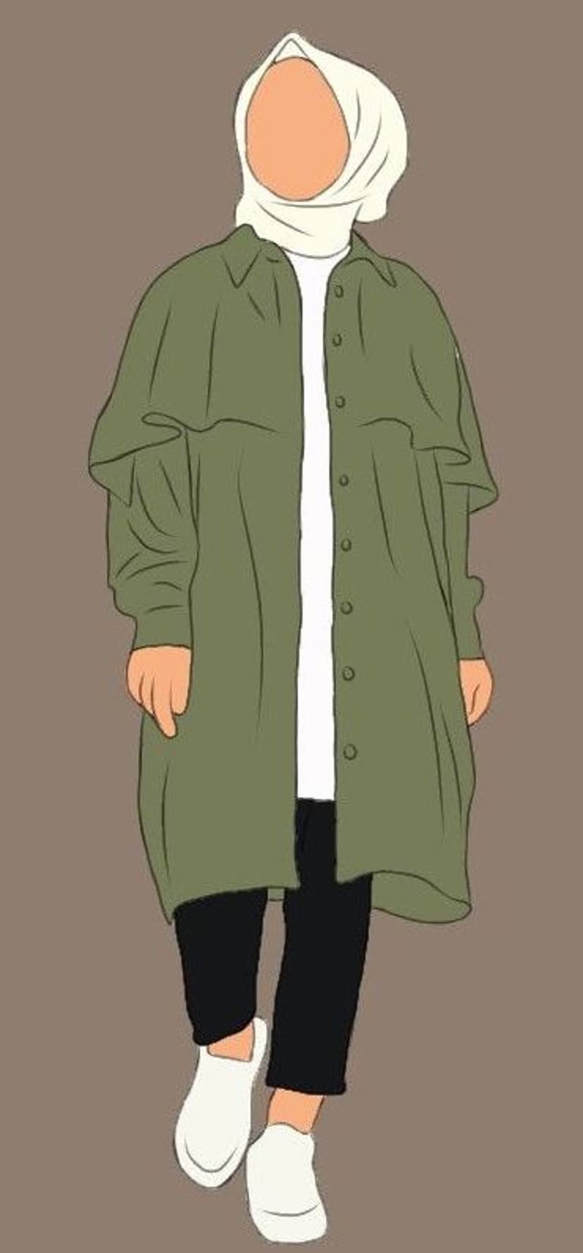 Woman wearing a white hijab and olive green collared shirt dress with black pants and white sneakers standing.