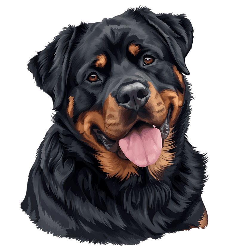 Rottweiler dog portrait headshot featuring dark fur, tan markings, and a pink tongue against black background.