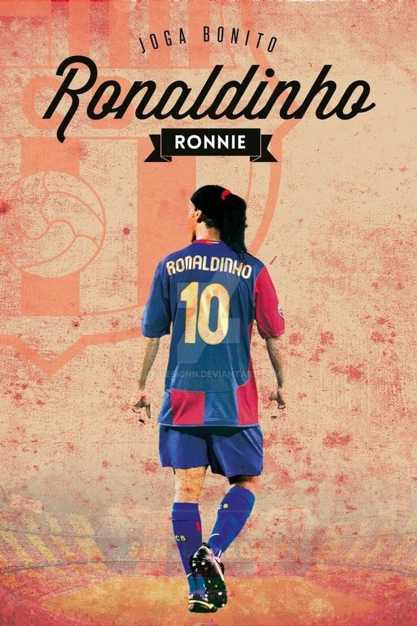 Ronaldinho viewed from behind wearing a Barcelona number 10 jersey against a distressed red background.