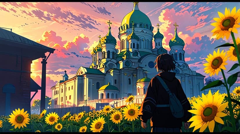 Dark-haired girl in a hoodie stands in a sunflower field facing a green-domed church under a pink sunset sky.