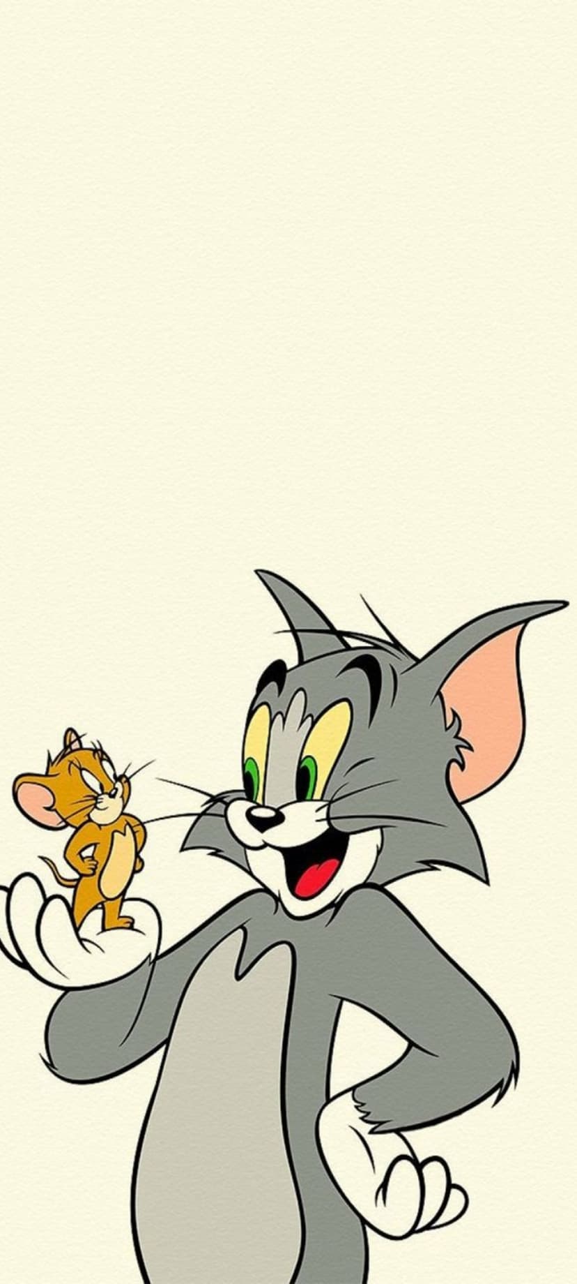 Tom the cat holds Jerry the mouse on his palm while smiling against a solid cream-colored background.
