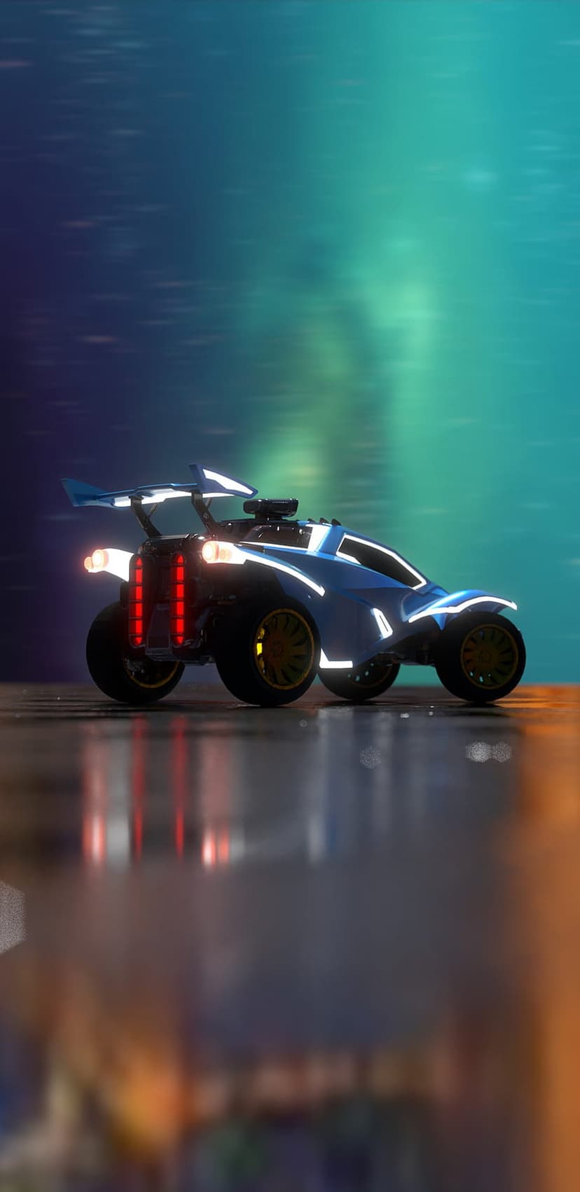 Blue Octane car with glowing white trim and yellow wheels on a reflective surface under teal light streaks.