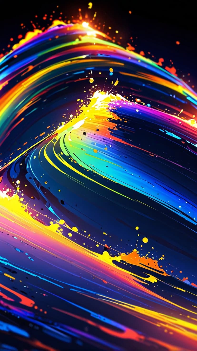 Vivid rainbow pigment droplets and fluid streaks collide against a deep black backdrop in a vertical layout.