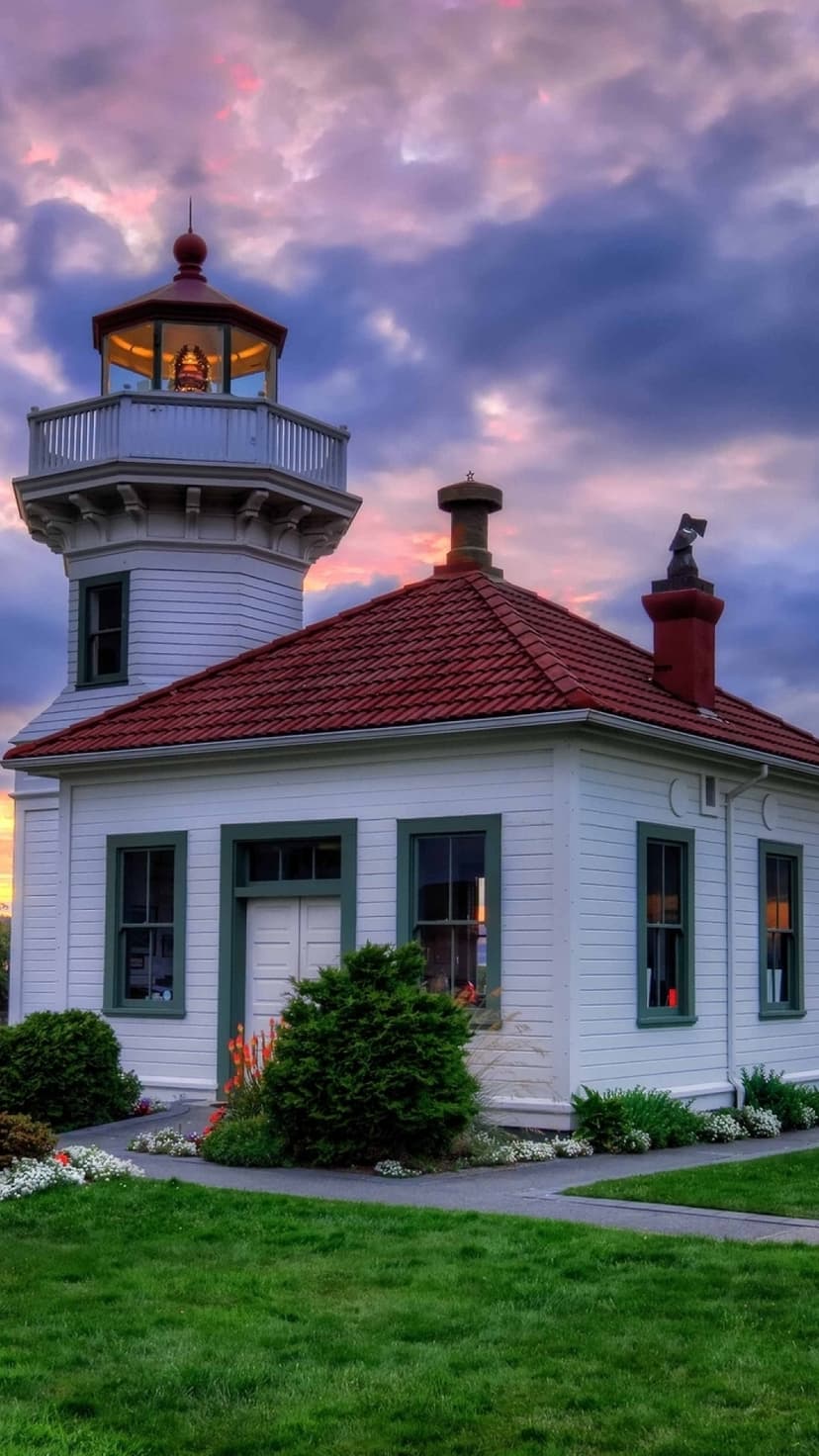 White lighthouse with a red roof sits on a green lawn under a purple sunset sky with warm glowing windows.