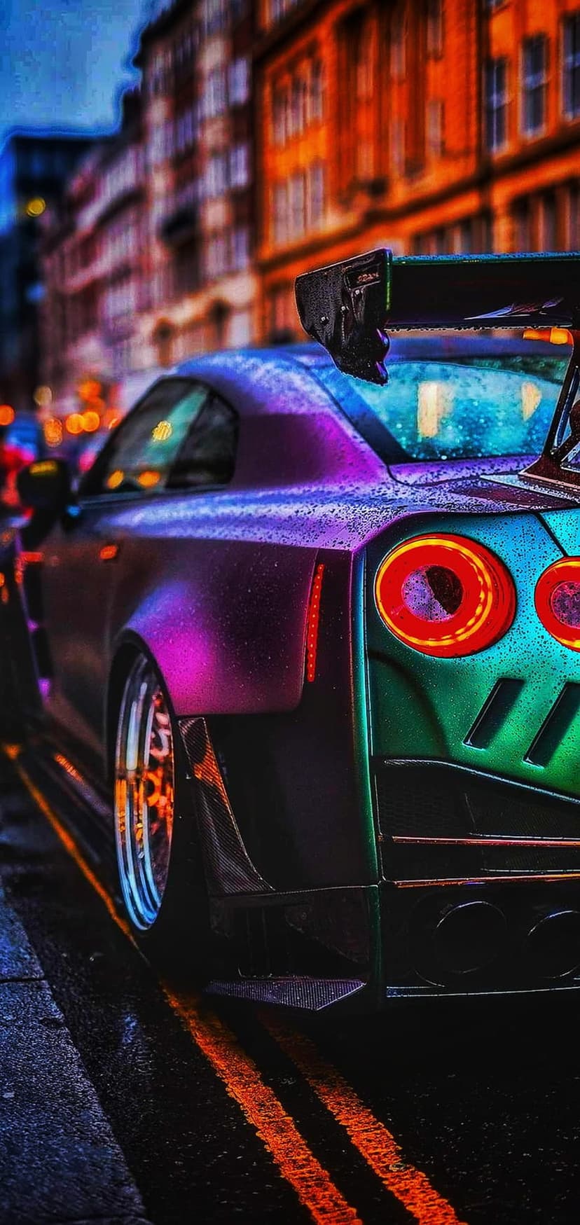 Nissan GT-R with iridescent purple paint on a wet night street featuring glowing red taillights and bokeh lights.