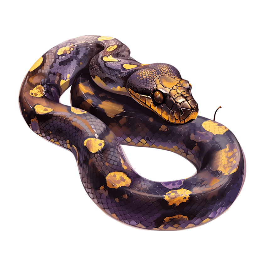 Coiled python snake with vibrant purple scales and yellow patterns features sharp golden eyes on black.