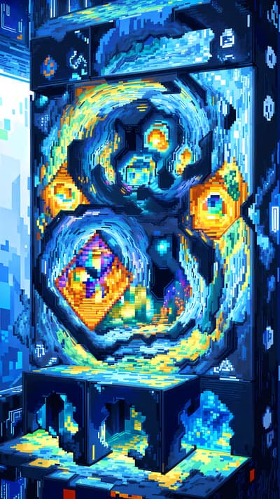 Cyberpunk Pixelated Core and Glowing Orbs Phone Background