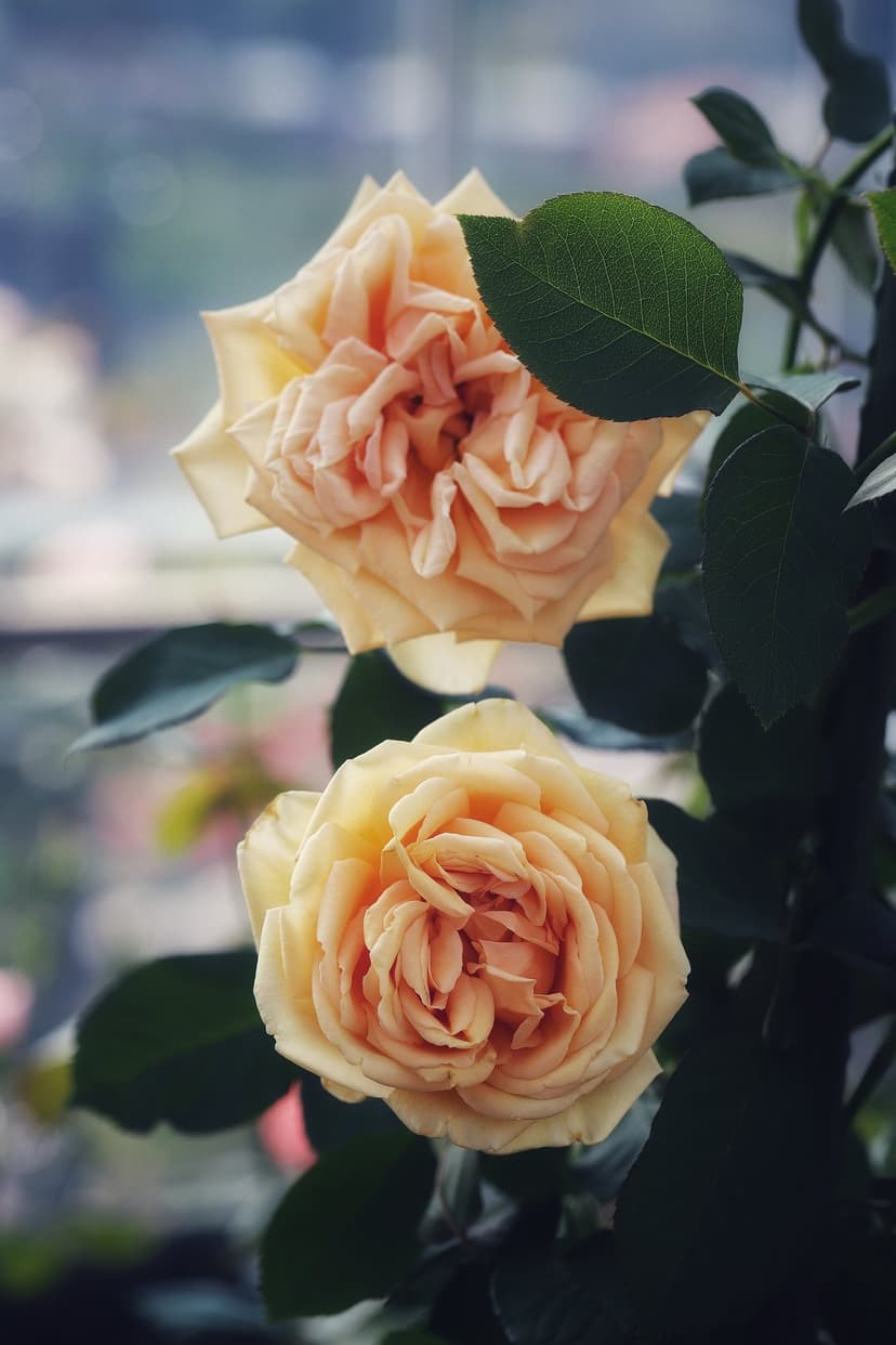 Two peach roses with layered petals and green leaves appear against a soft-focus garden bokeh background.