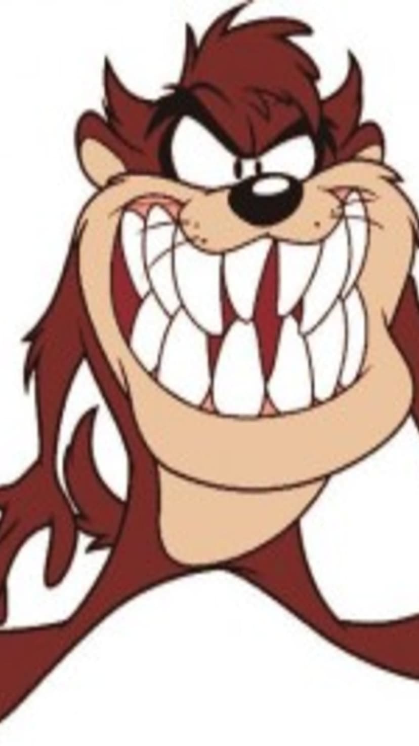 Tazmanian Devil with maroon fur and sharp teeth spins in a brown tornado with a ferocious expression.