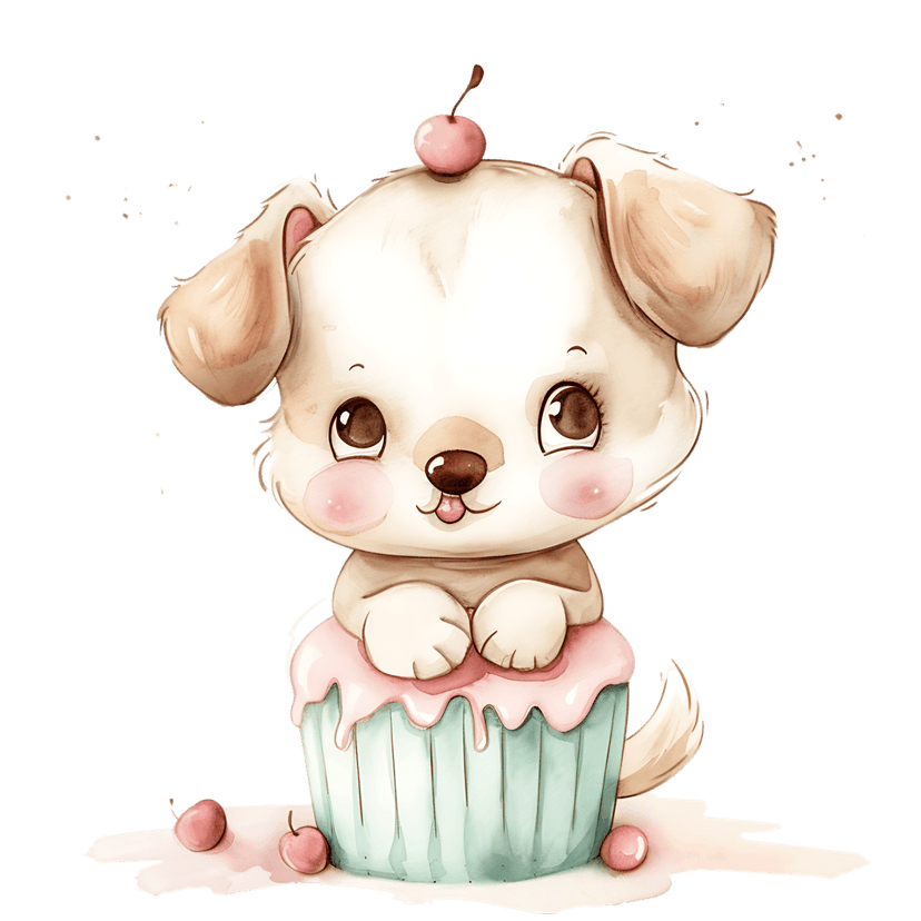 Watercolor puppy inside a pink frosted cupcake featuring red cherries and a green paper liner background.