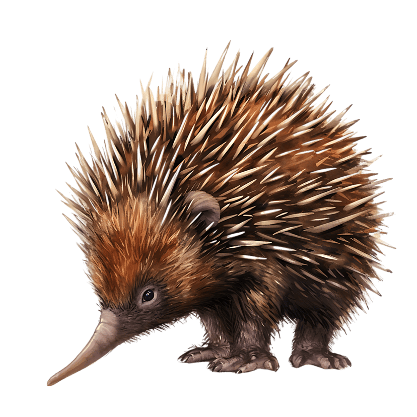 Detailed echidna illustration with sharp light spines and brown fur standing in profile on a dark background.