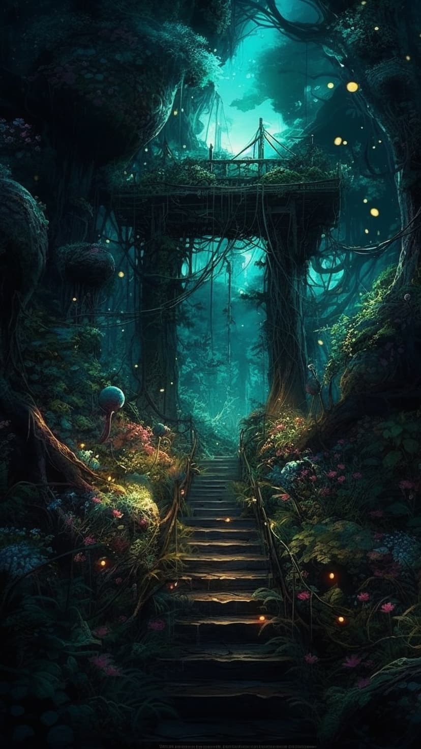 Stone staircase winds through a teal forest with glowing orbs, mossy trees, and blooming purple flowers.
