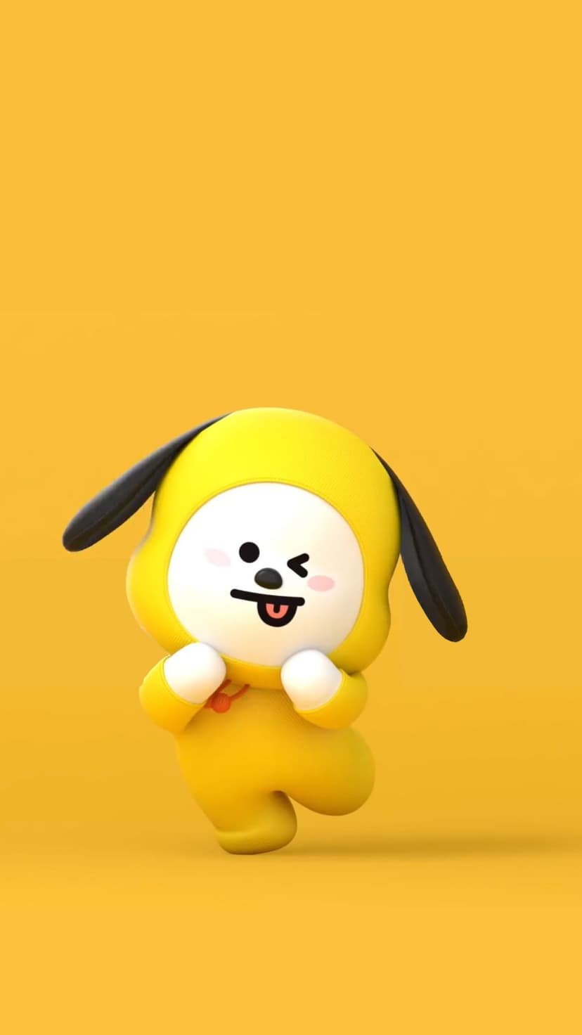 Chimmy the yellow BT21 puppy winking with his tongue out against a solid yellow backdrop in a 3D rendered style.
