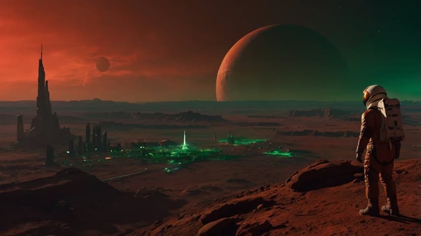 Astronaut in a white suit looks at a glowing green alien city beneath a giant ringed planet in a red sky.
