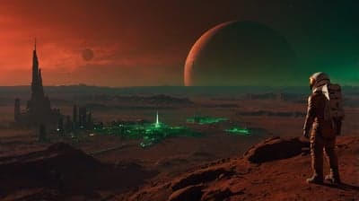 Astronaut Overlooking Neon Alien City Tablet Background
