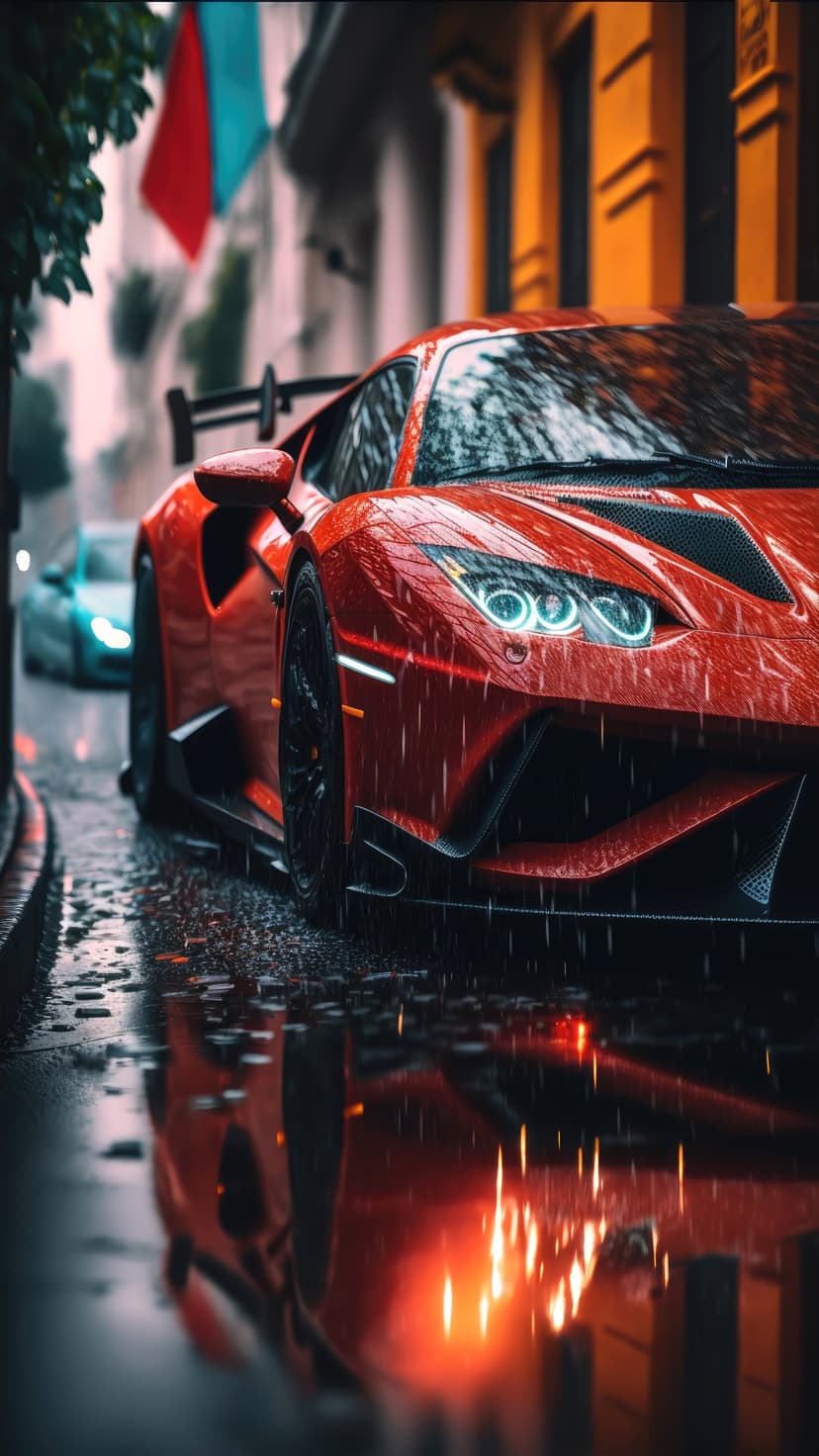 Red Lamborghini sports car parked on a wet asphalt road under golden streetlights during a rainy urban evening.