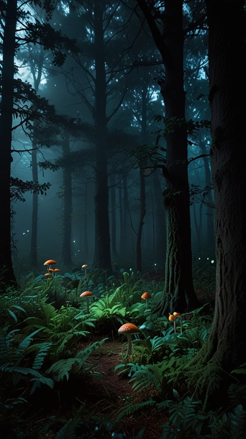 Orange glowing mushrooms and drifting fireflies light up a misty forest floor covered in green ferns and moss.