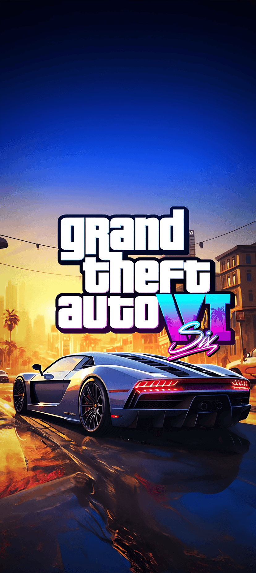 Supercar driving on a city street at sunset under the GTA VI logo with palm trees and a vibrant orange sky.
