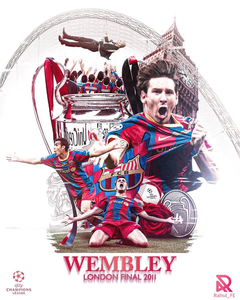Lionel Messi holds the silver Champions League trophy at Wembley Stadium with London landmarks in the background.