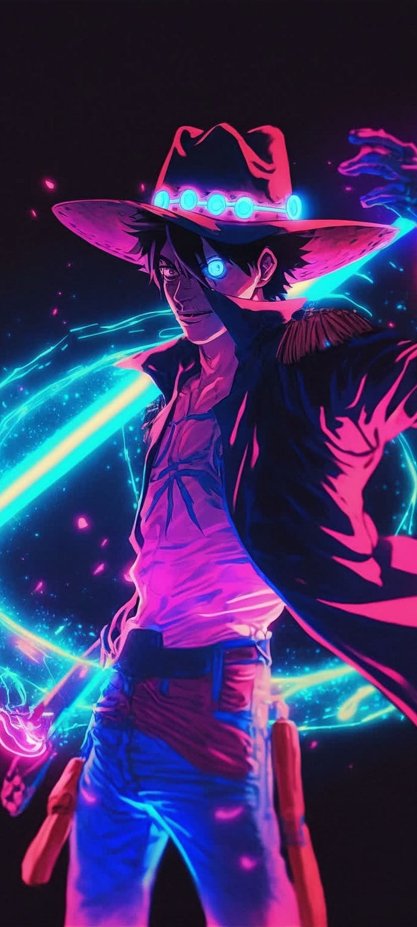 Anime man with a cowboy hat and glowing blue eye stands amidst pink and blue electric energy effects.