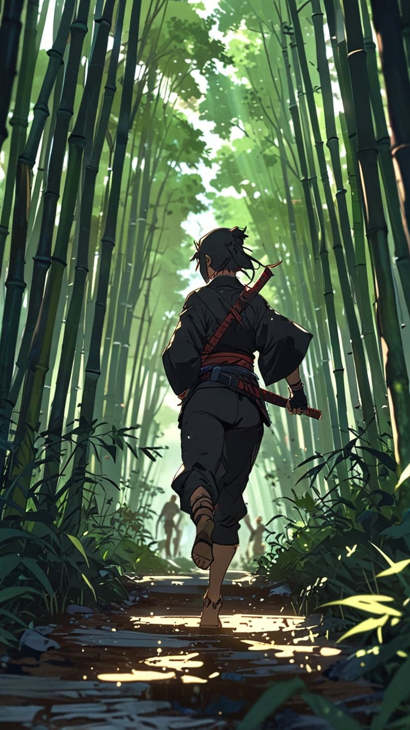 Samurai warrior in black armor sprints along a sunlit bamboo forest path toward distant silhouetted figures.