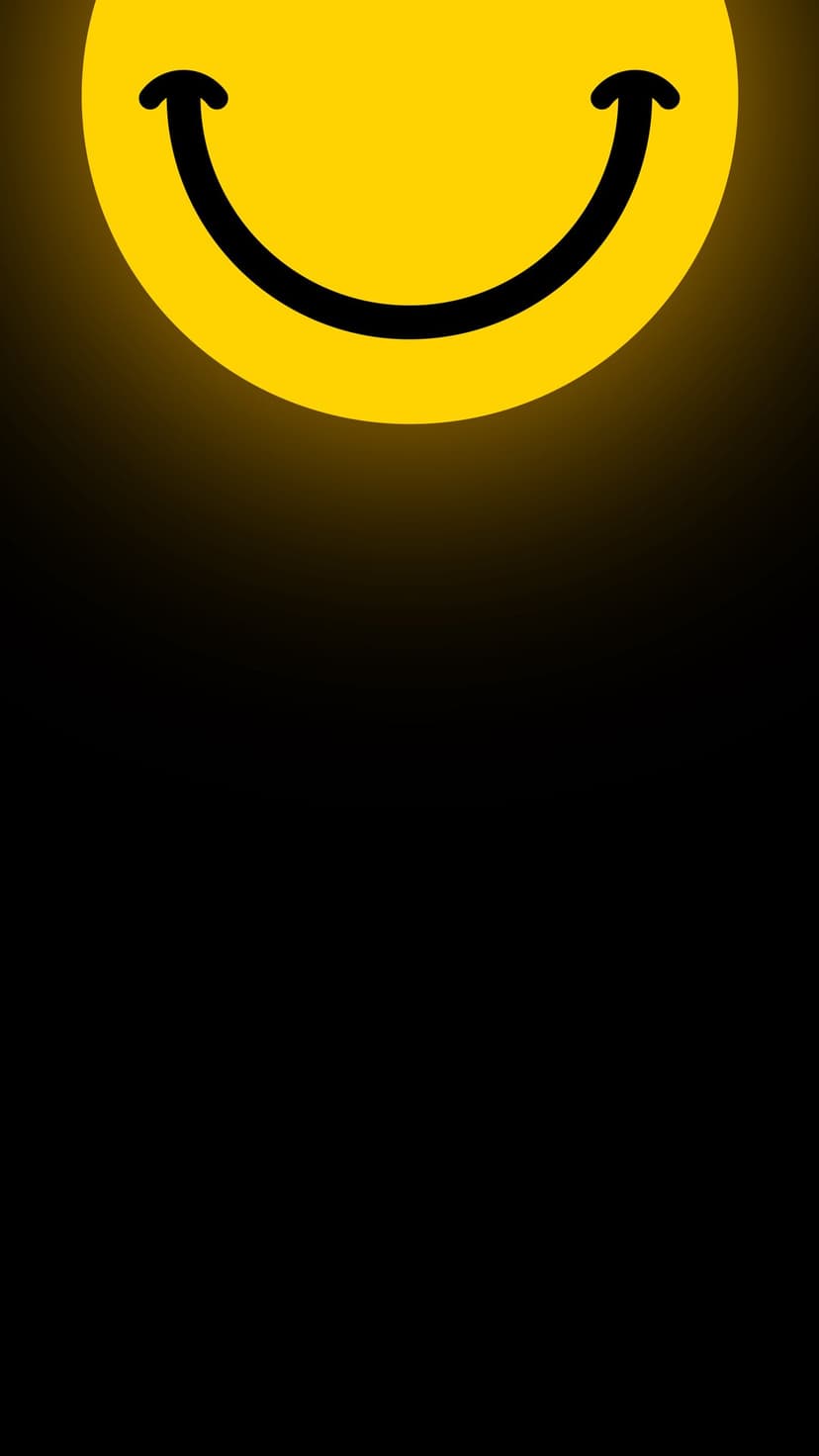 Yellow smiley face with a simple black grin glows against a solid black backdrop in a vertical composition.