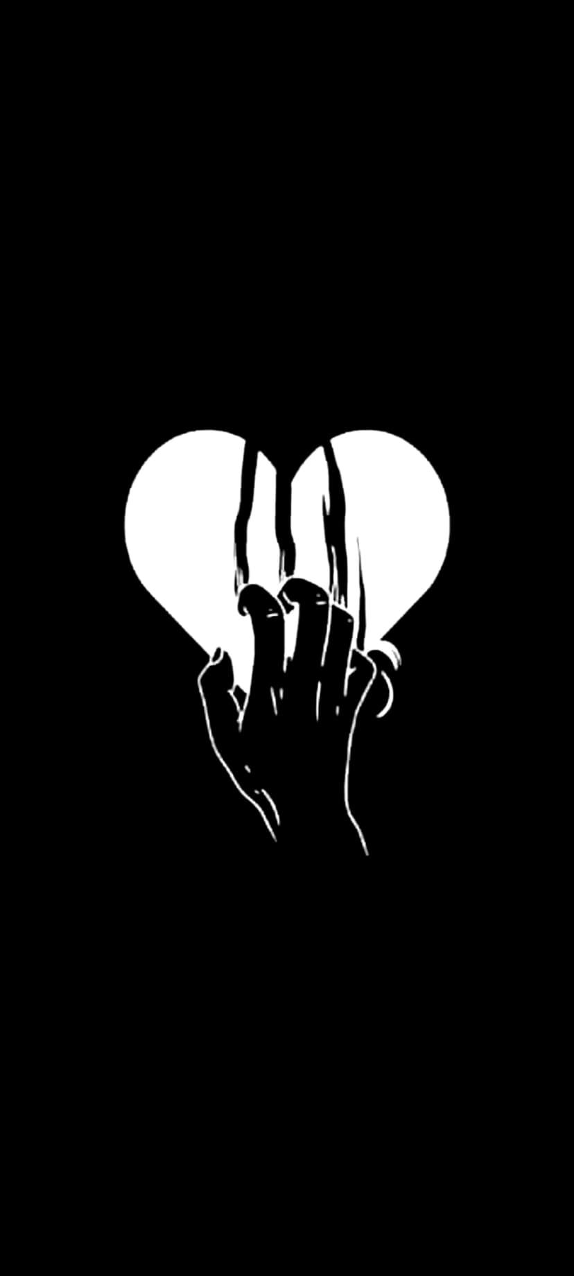 White hand clutching a fractured heart with dripping lines against a solid black minimalist background.