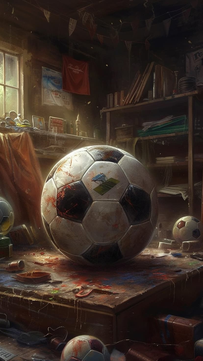 Vintage soccer ball with red paint splatters on a wooden table in a sunlit workshop with dusty air.