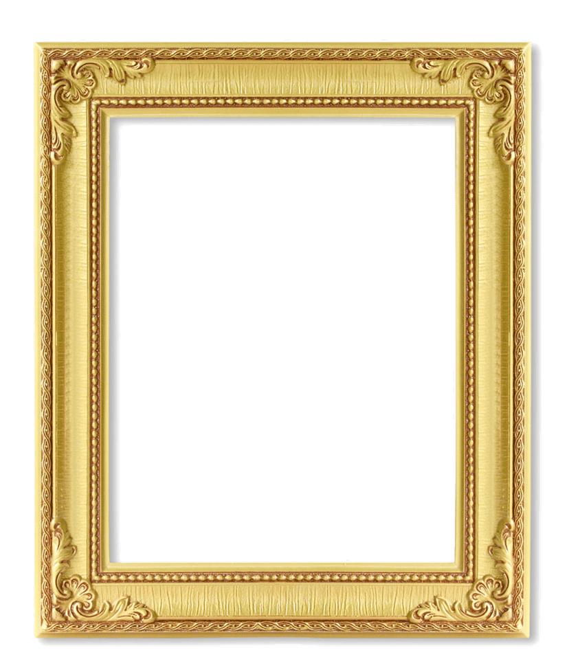 Gold and brown wooden frame featuring a rectangular shape with polished metallic edges and dark timber texture.