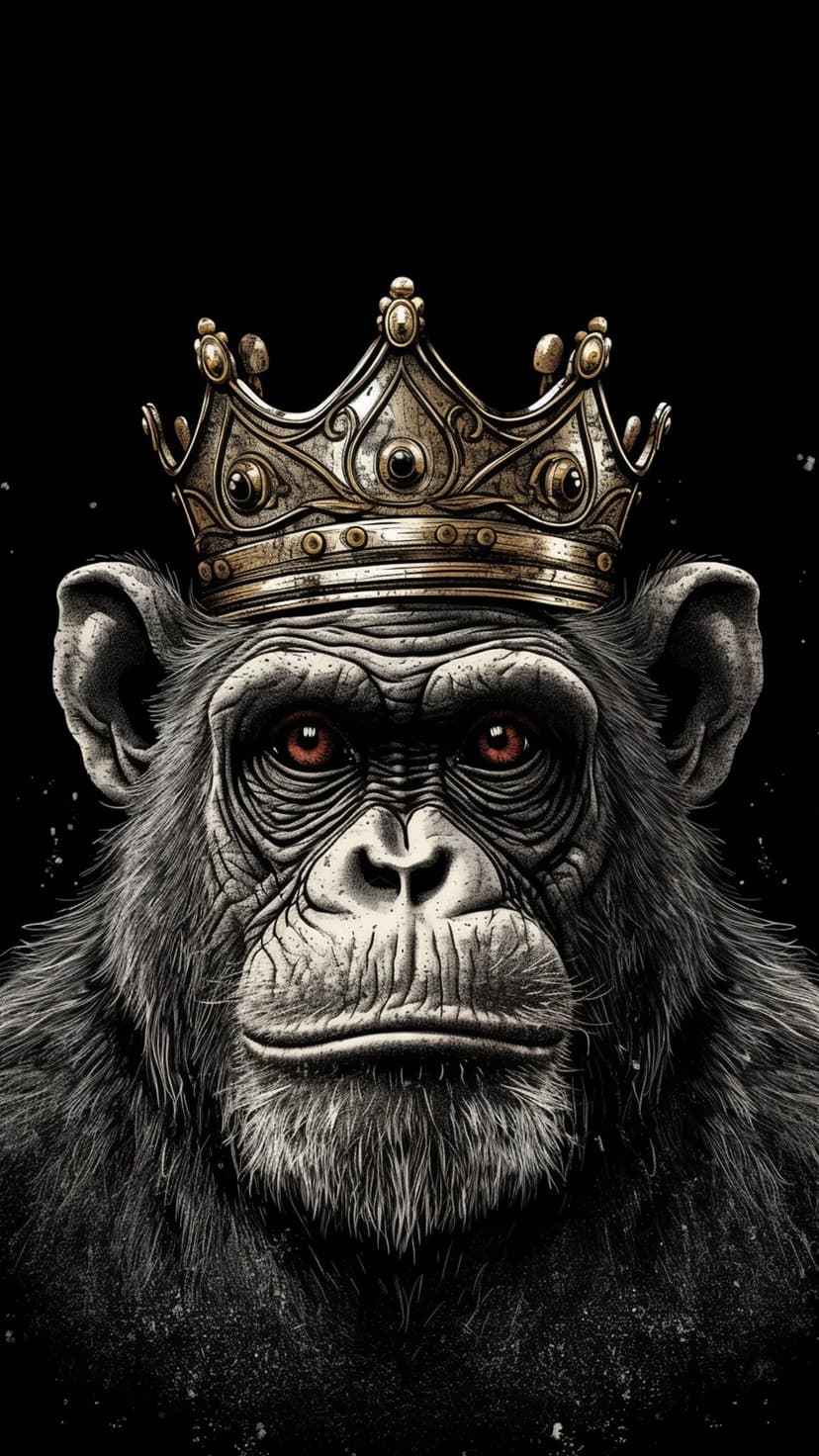 Chimpanzee wearing a golden crown with glowing red eyes against a solid black background in a close-up view.