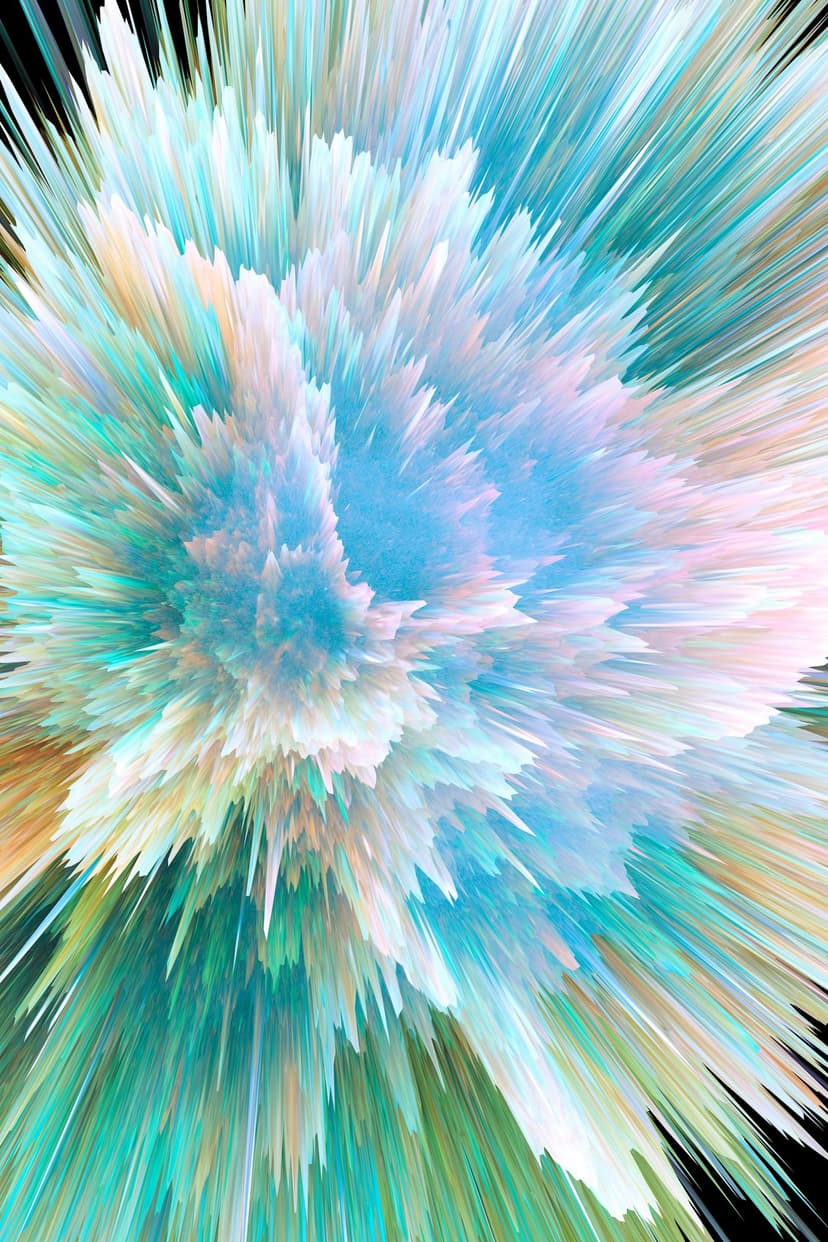 Sharp turquoise and pink shards radiate from a center point against a dark background in a radial explosion.