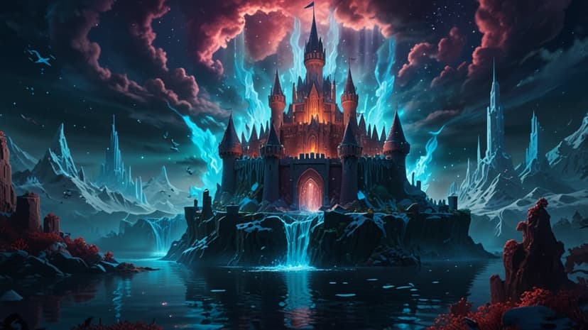Towering fantasy castle on a rocky island with glowing blue waterfalls under a swirling red and purple sky.