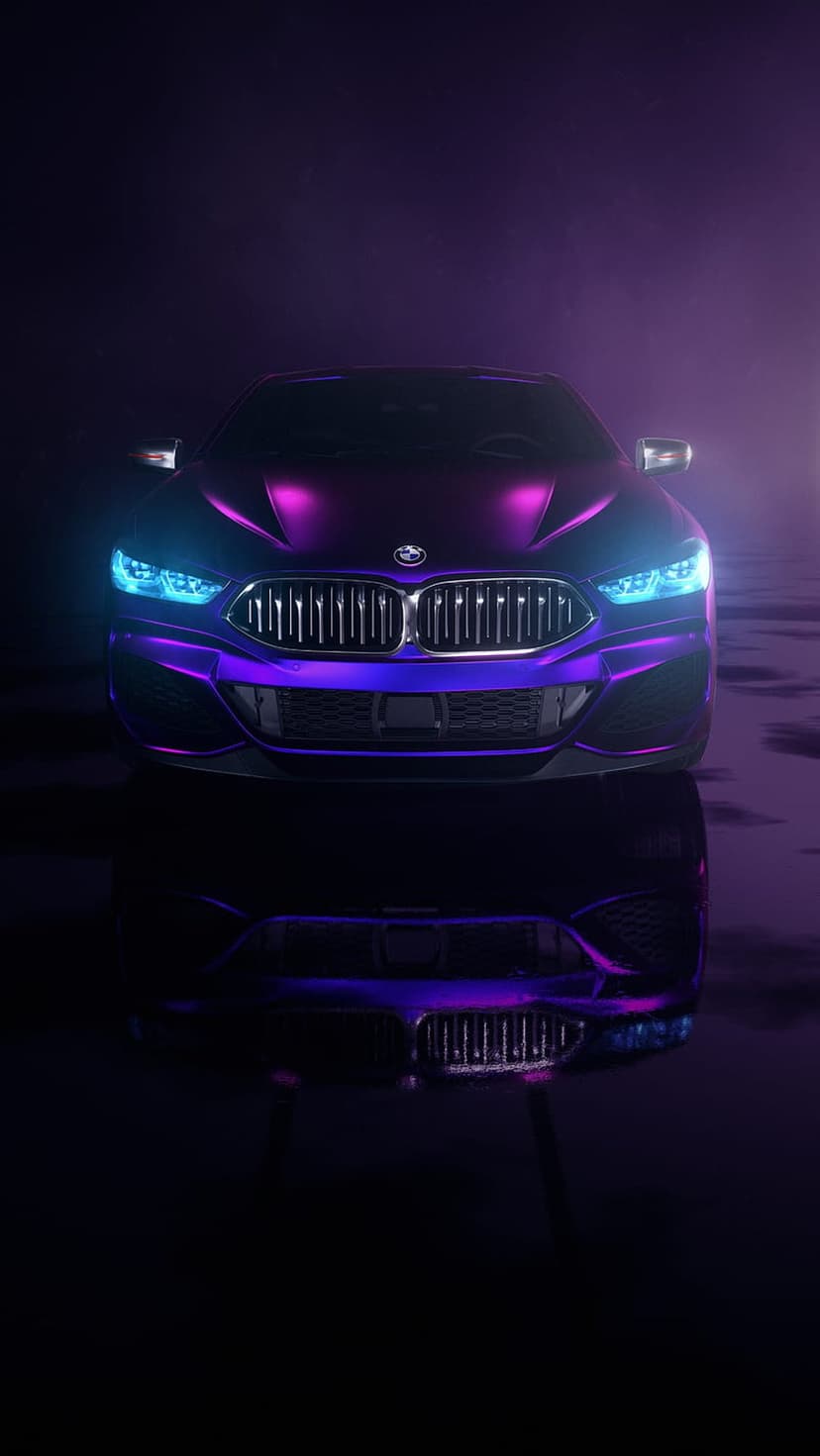 Purple BMW car with glowing blue headlights reflected on a wet dark surface in a vertical night composition.
