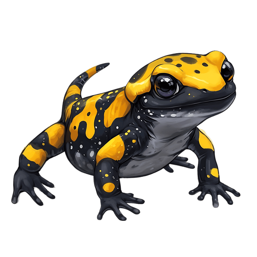 Fire salamander illustration featuring bright yellow spots on black skin against a dark background in profile.