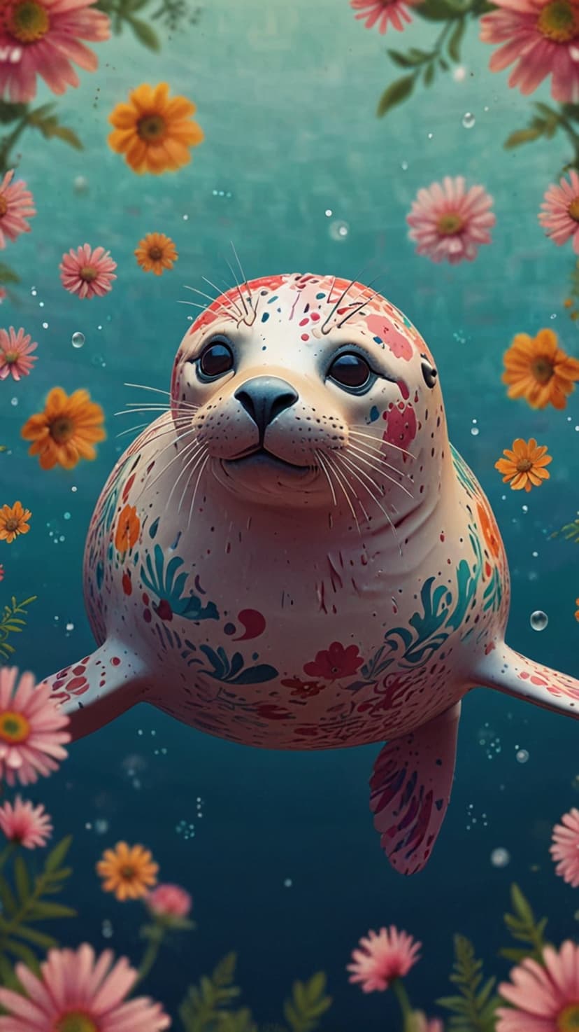 Spotted seal with floral tattoos on its skin floats in turquoise water surrounded by floating daisies and bubbles.