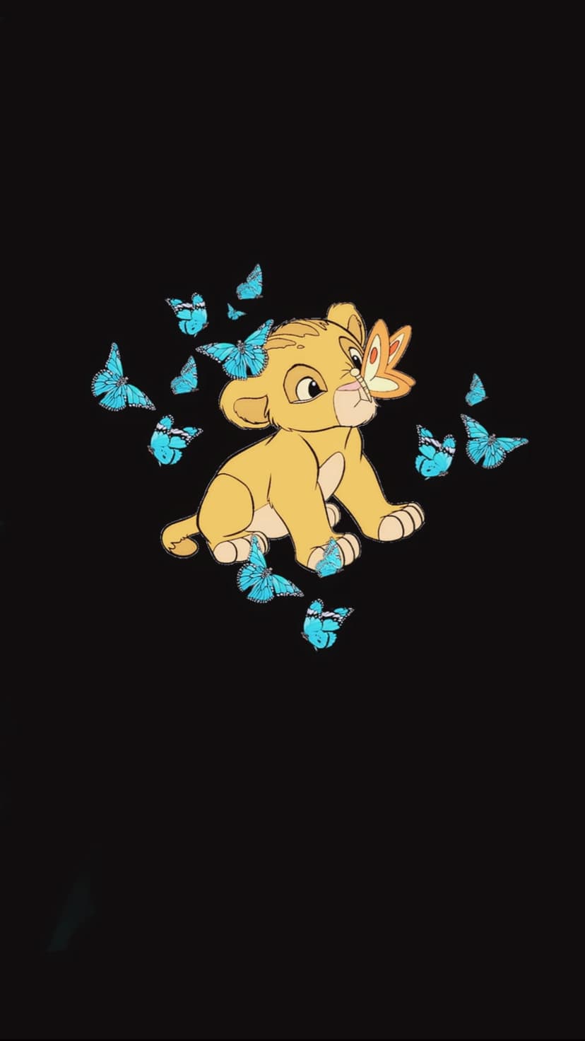 Baby lion cub Simba sits with a blue butterfly on his nose, surrounded by fluttering insects on a black backdrop.