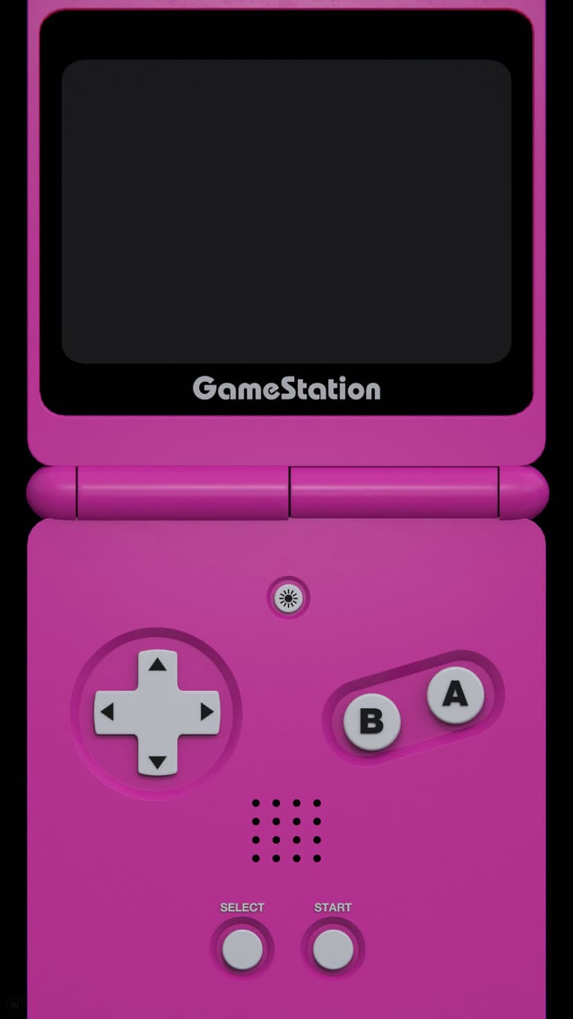 Pink handheld gaming console with a silver directional pad and glossy finish centered on a black background.