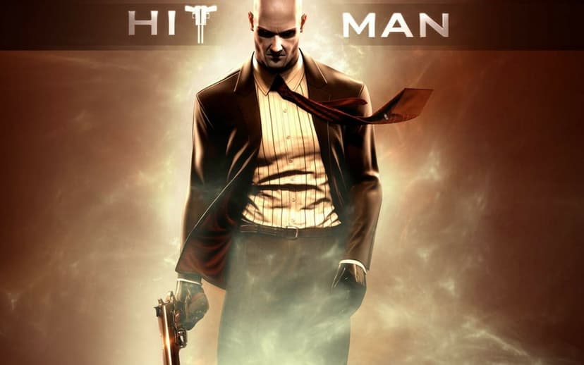 Agent 47 in a suit holding a pistol against a smoky gold background with his red tie blowing in the wind.