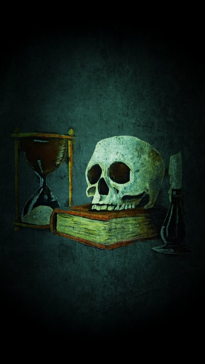 Human skull resting on an open antique book next to a wooden hourglass and a lit candle in a dark room.