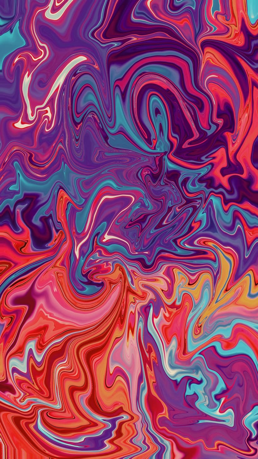 Swirling patterns of neon purple, electric blue, and fiery red fluid pigments in a trippy liquid marble texture.