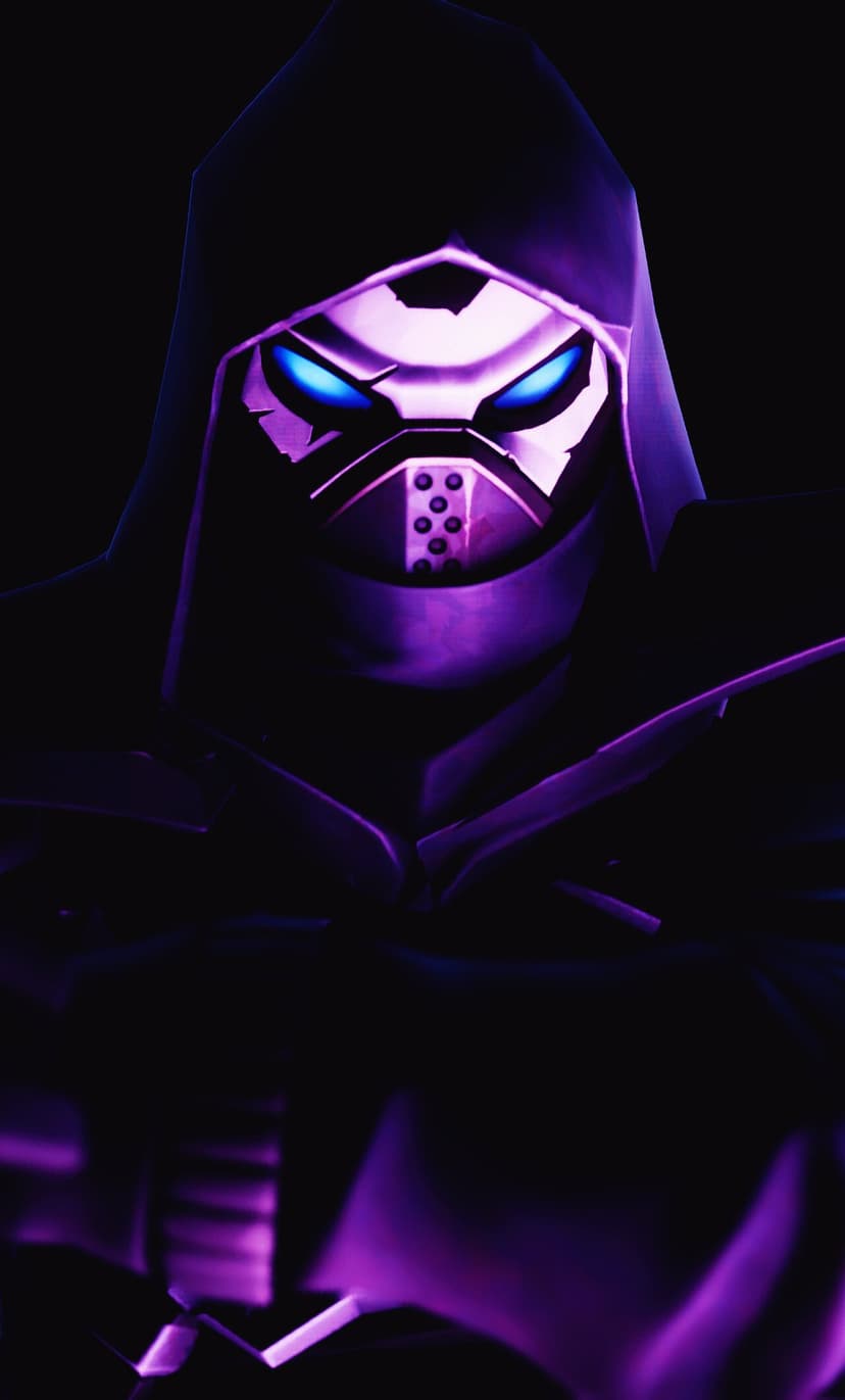 Hooded figure with glowing blue eyes and a silver mask illuminated by vibrant purple light on a dark background.