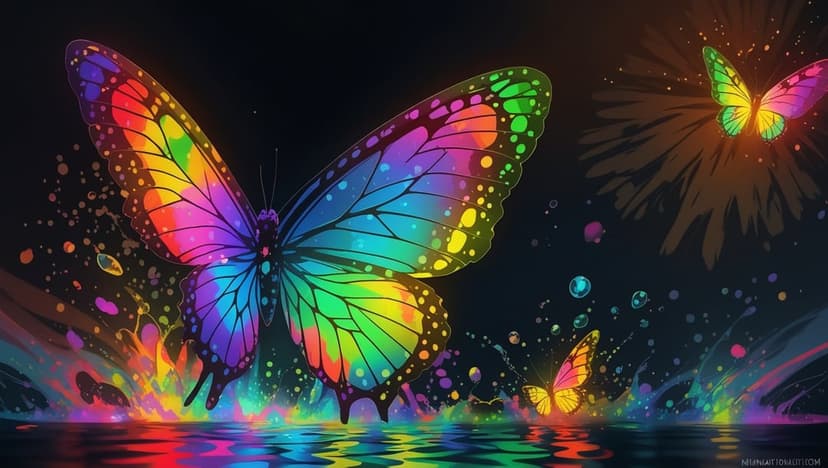 Rainbow butterfly with bioluminescent wings hovers over dark water reflecting vibrant neon light particles.