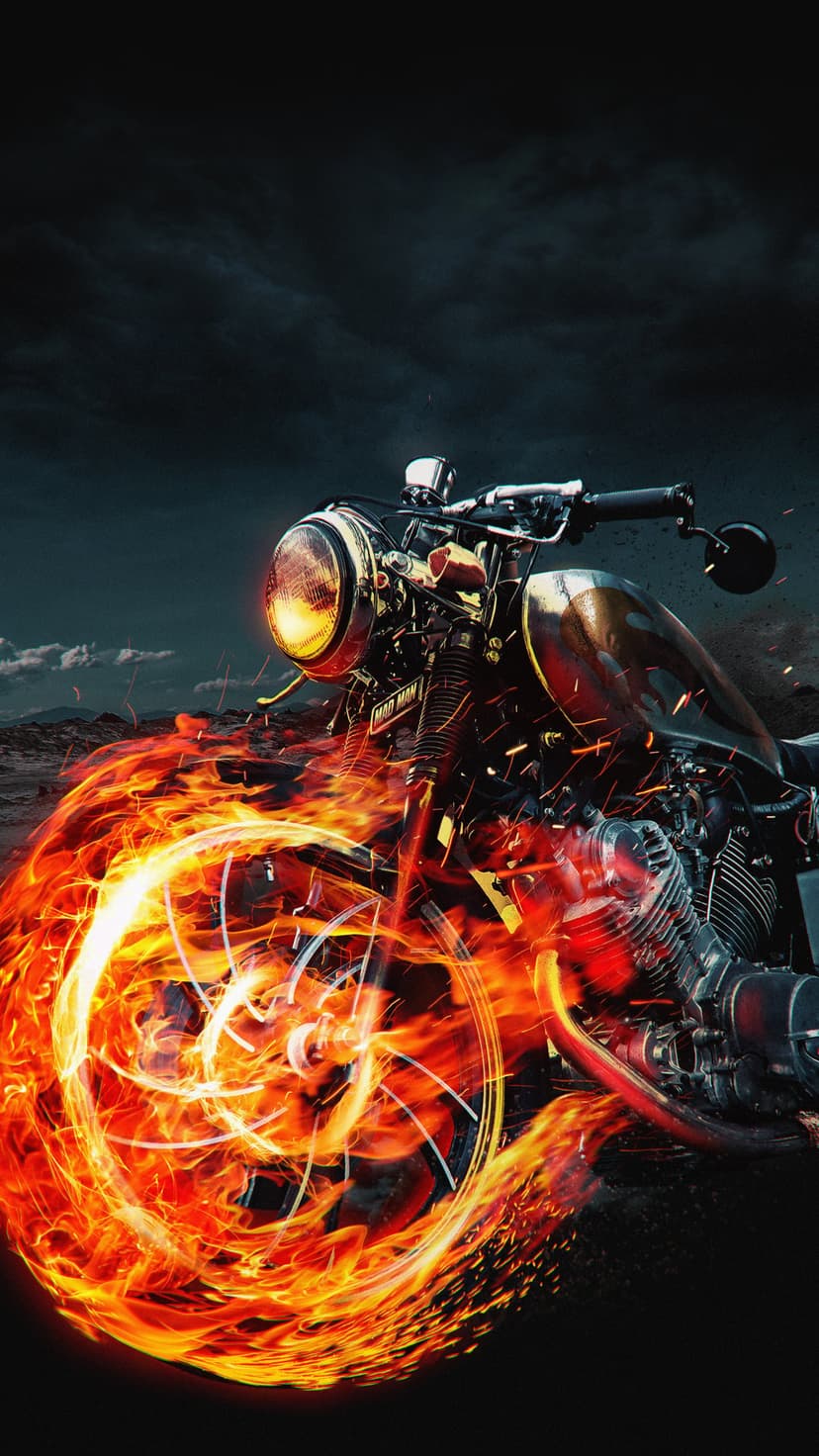 Classic motorcycle with a burning front wheel and orange flames against a dark smoky background with glowing embers.