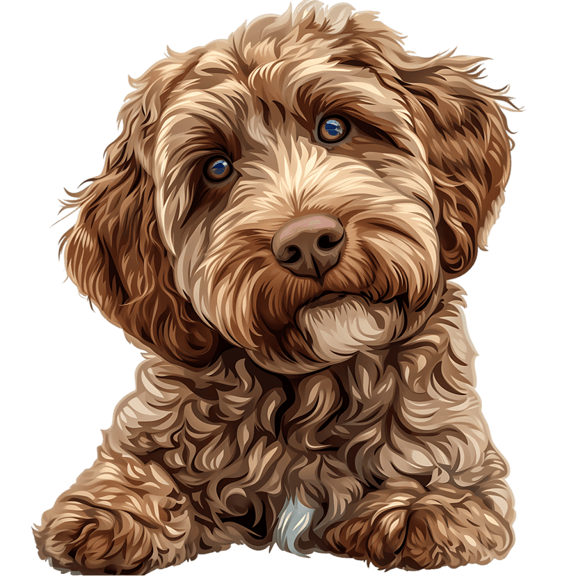 Brown curly-haired dog digital portrait features striking blue eyes and detailed fur on a black background.