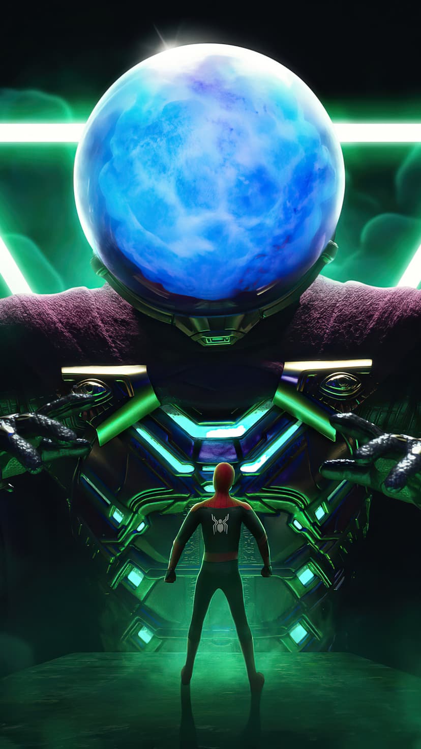 Spider-Man stands before a giant, armored Mysterio surrounded by thick emerald smoke and glowing green energy.