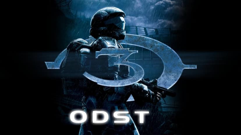 ODST soldier in dark armor holding a silenced submachine gun against a rainy blue sci-fi city background.